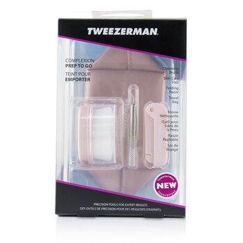 Tweezerman Set Complexion Prep To Go: Brocha Limpiadora + Herramienta de Cuidado de la Piel + Cuchilla Doblable + Bolsa de Viaje