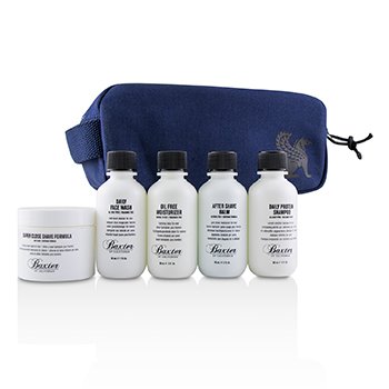 Kit Travel Starter: Jabón Facial + Fórmula de Afeitar + Hidratante + Bálsamo de Afeitar + Champú + Bolsa