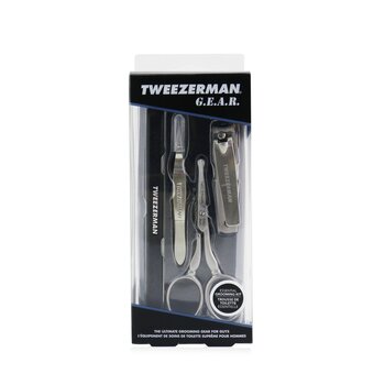 Tweezerman Kit G.E.A.R. Essential Grooming: Pinzas de Punto + Tijeras de Vello Facial + Corta Uñas + Herramiento de Uñas Multi-Uso + Bolsa de Cuero