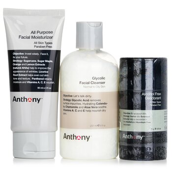 Anthony Kit Básico Con Desodorante Libre de Alcohol: Limpiador 237ml + Hidratante 90ml + Desodorante 70g