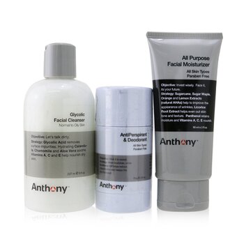 Anthony Basic Kit With AntiPerspirant & Desodorante: Limpiador 237ml + Hidratante 90ml + Desodorante 70g