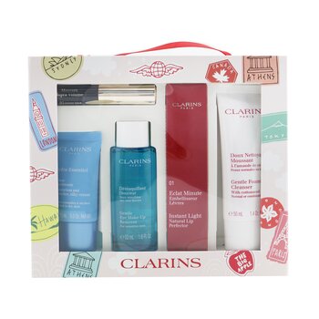 Clarins Set Clarins With Love From Suitcase (1x Eclat Minute Instant Light Perfeccionante de Labios Natural - #01, 1x Limpiador Espumoso Suave, 1x Removedor de Maquillaje de Ojos Suave, 1x Crema, 1x Supra Volume Máscara)