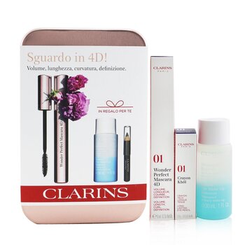 Clarins Set Wonder Perfect Mascara 4D: Máscara 8ml + Removedor de Maquillaje de Ojos Instantáneo 30ml + Mini Khol Crayola