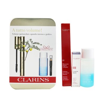 Clarins Set Mascara Supra Volume: Máscara 8ml + Removedor de Maquillaje de Ojos Instantáneo 30ml + Mini Khol Crayola