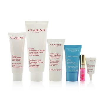 Clarins Weekend Essentials: Tratamiento de Manos & Uñas + Beauty Flash Bálsamo + Loción Corporal + Hydra-Essentiel Crema + Gel Contorno de Ojos + Aceite de Labios...
