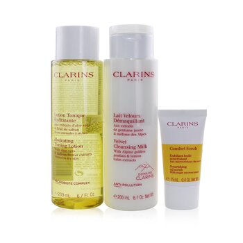 Clarins Set Perfect Cleansing (Piel Normal a Seca): Leche Limpiadora 200ml + Loción Tonificante 200ml + Exfoliante Confortante 15ml + Bolsa