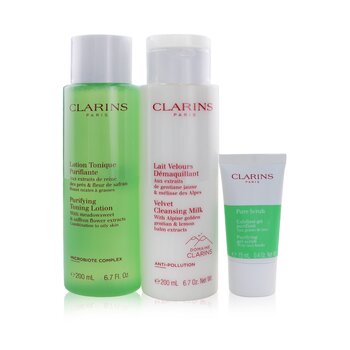 Clarins Set Perfect Cleansing (Combination to Oily SkinPiel Mixta a Grasa): Leche Lipmiadora 200ml + Loción Tonificante 200ml + Exfoliante Puro 15ml + Bolsa