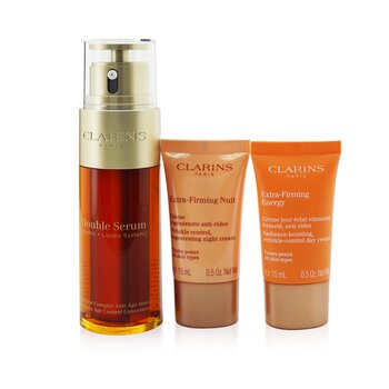 Clarins Double Serum & Extra-Firming Collection: Doble Suero 50ml + Energy Crema 15ml + Crema de Noche 15ml + Bolsa