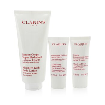 Clarins Body Care Essentials Collection: Loción Corporal Rica en Hidratación 200ml + Exfoliante Corporal 30ml + Crema de Manos & Uñas 30ml + Bolsa