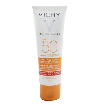 Vichy Capital Soleil Antiedad 3 en 1 Protector Solar Antioxidante Diario FPS 50 - Antiarrugas, Elasticidad, Luminosidad